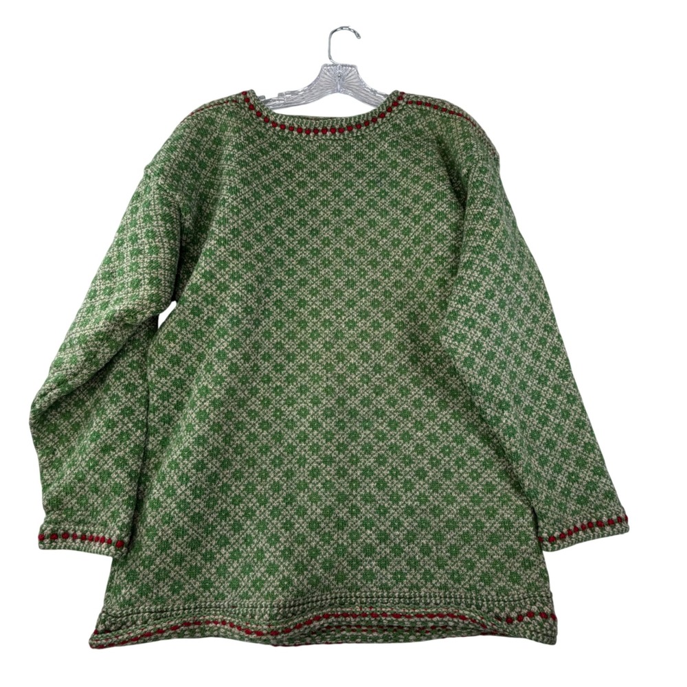 VTG Hand Knit Wool Sweater Green Folk Fair Isle Oversized Cottagecore Womens L